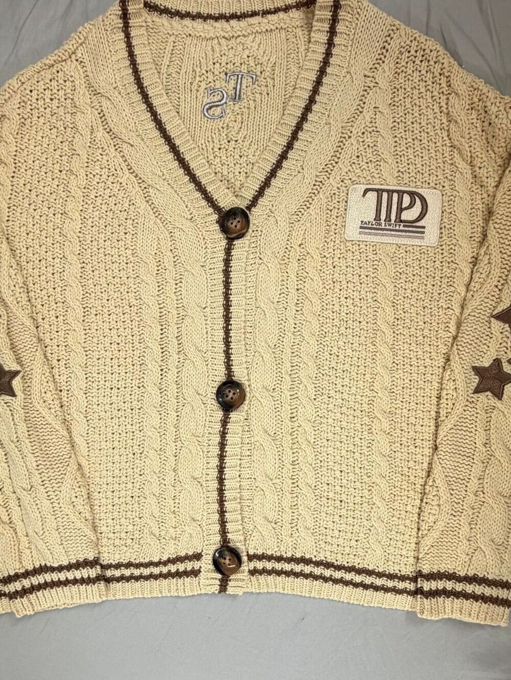 TTPD Inspired Swiftie Style Cardigan XS/SM Cream Brown Cable Knit Stars